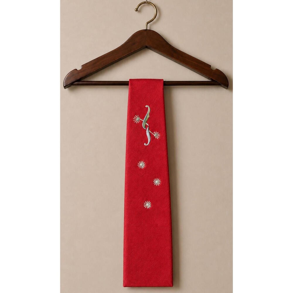 Irish Fabric Silk Embroidered Necktie Red Linen Tie Mid Century 1950s Handmade